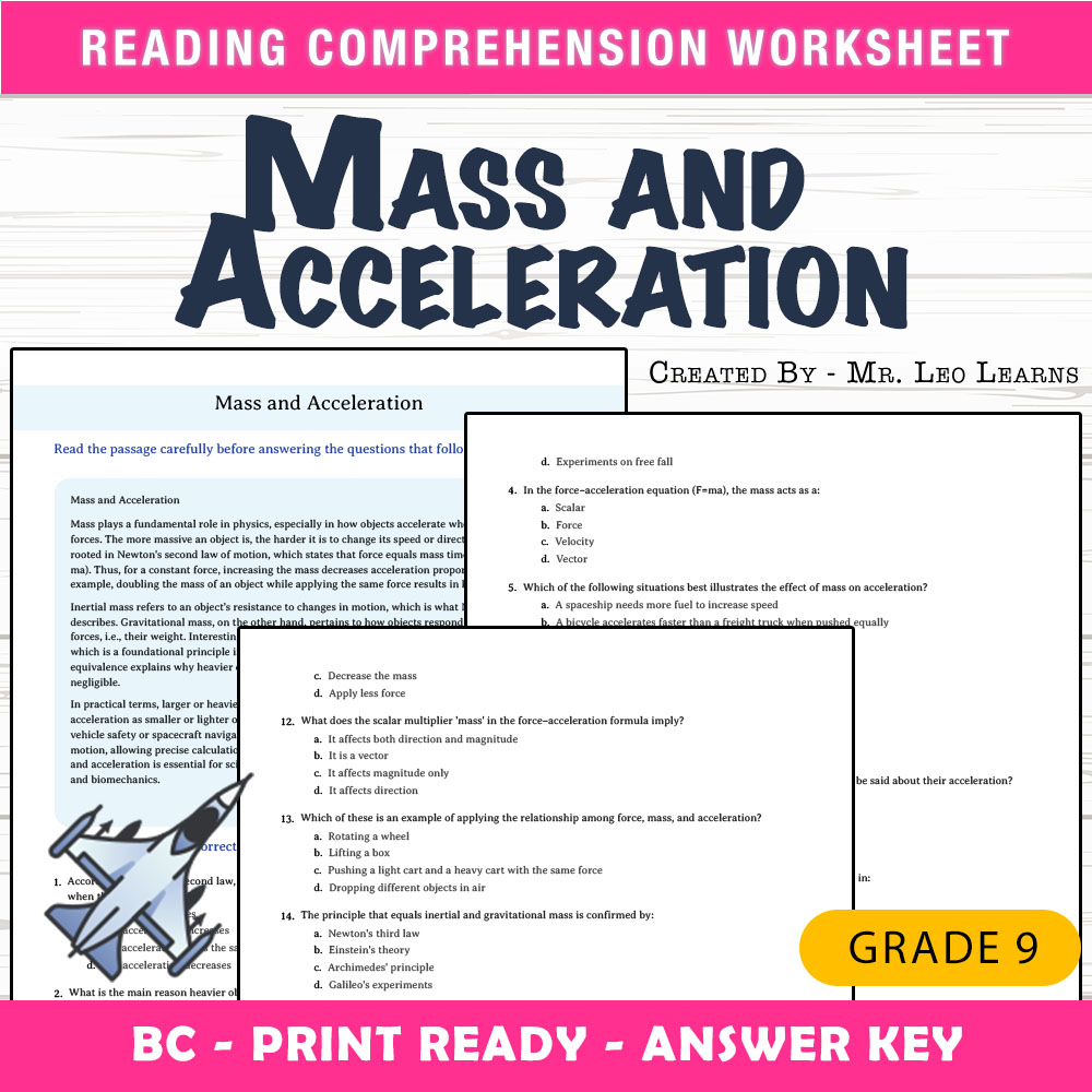 Grade 9 Science worksheet mcq paper worksheet — Grade 9 Science — Mass and Acceleration Worksheet MCQ Paper — page 1