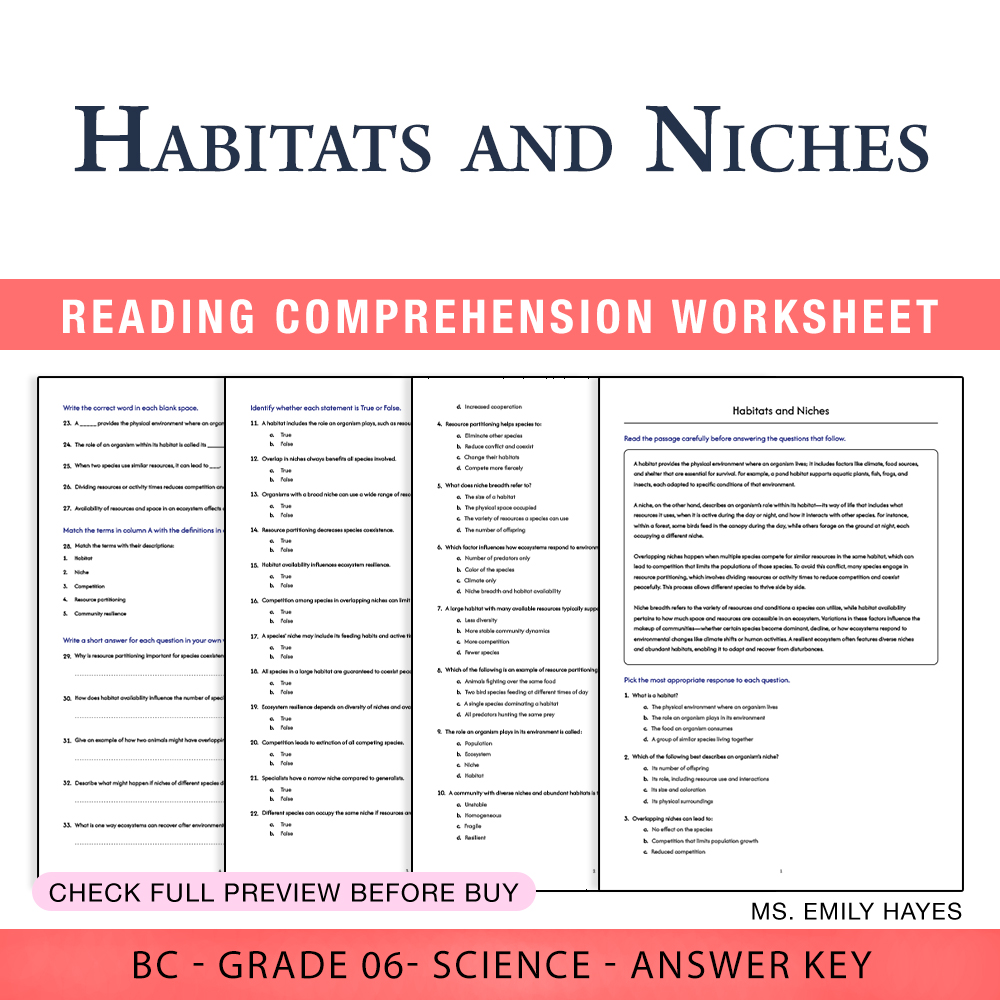 Grade 6 Science worksheet worksheet — 6th Grade Science | Habitats and Niches Worksheet (PDF + Answer Key) — page 1