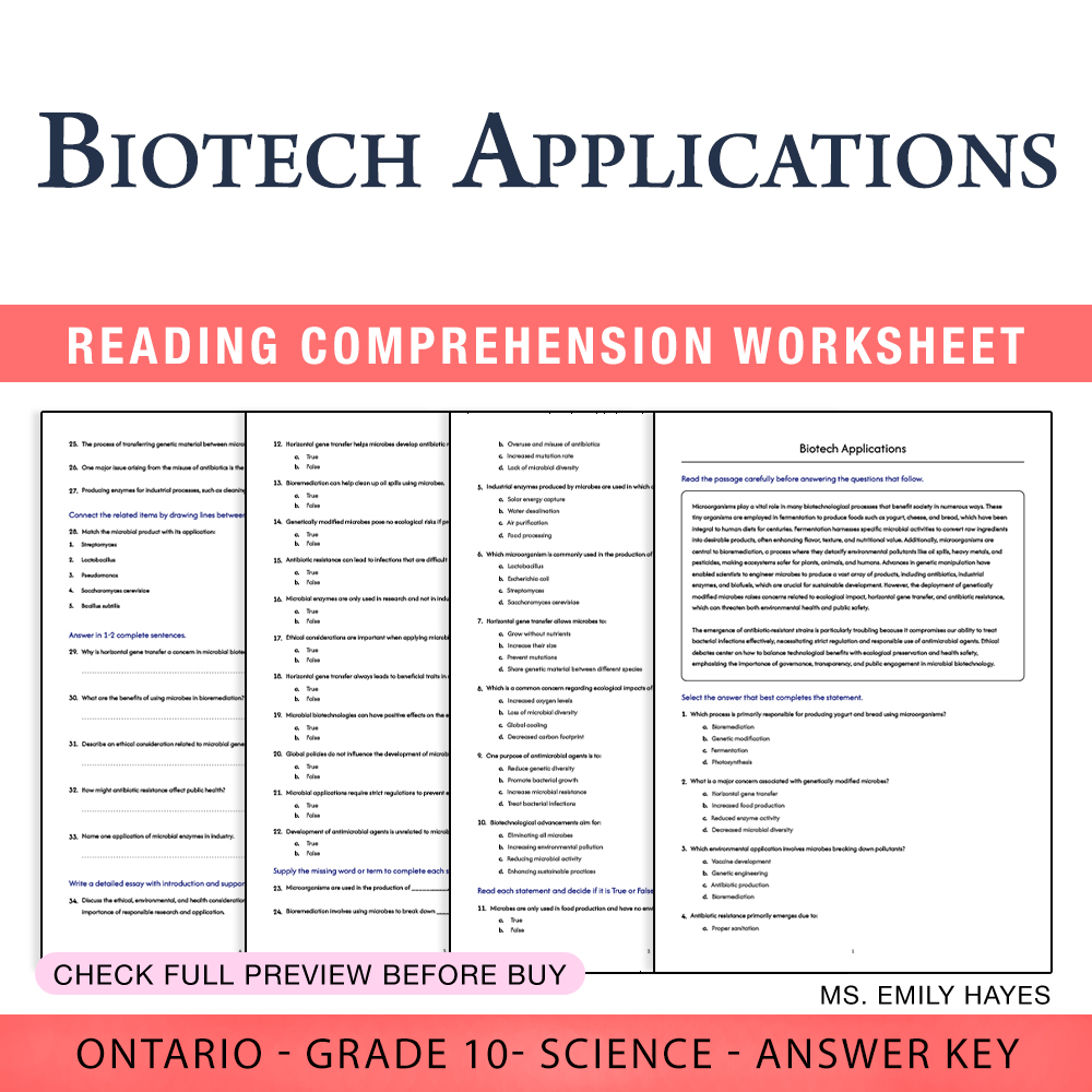 Grade 10 Science worksheet — Grade 10 Science | Biotech Applications Worksheet (PDF + Answer Key) — page 1