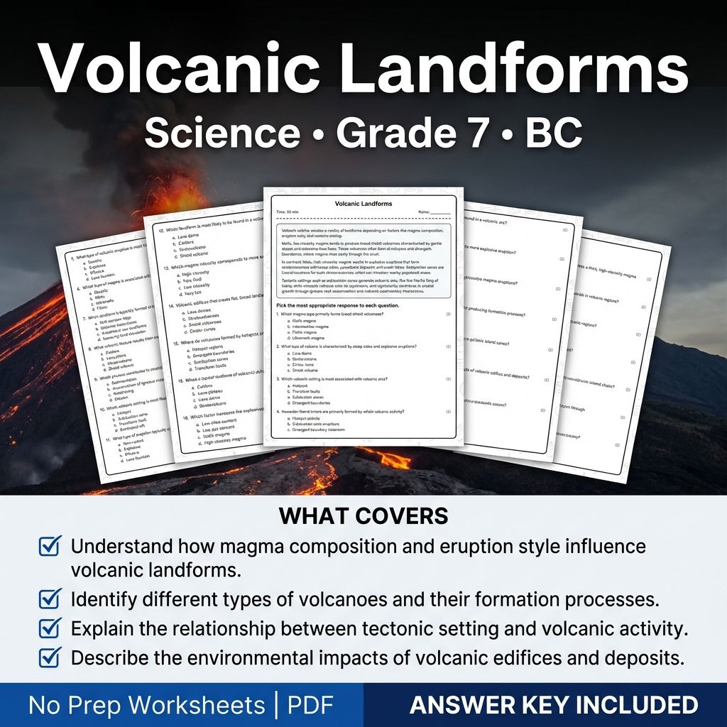 Grade 7 Science Worksheet | Volcanic Landforms Practice & Answer Key (PDF)
