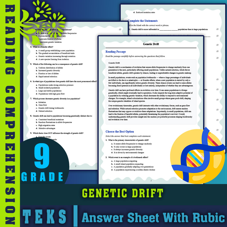 Grade 9 Science reading worksheets worksheet — Grade 9 Science | Genetic Drift Reading Worksheet with PDF Answer Key — page 1