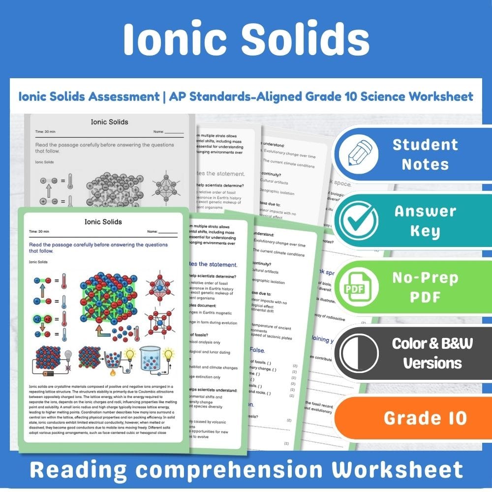 Grade 10 Science assessment worksheet — Ionic Solids Assessment | AP Standards-Aligned Grade 10 Science Worksheet — page 1