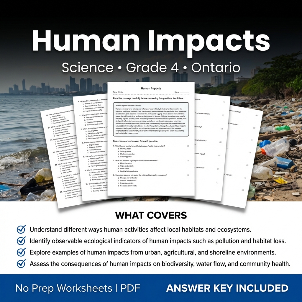 Human Impacts Grade 4 Science Worksheet | Ontario Standard Practice