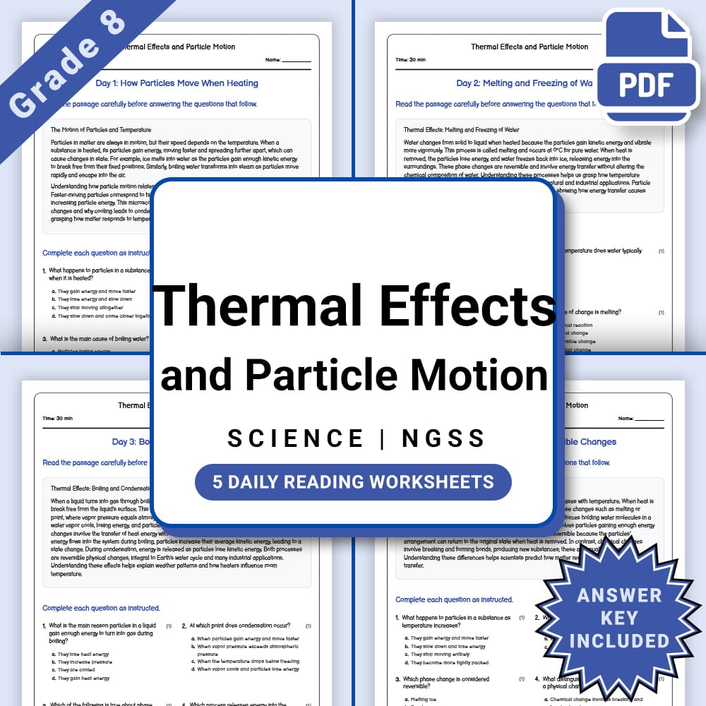Grade 8 Science daily reading worksheet worksheet — Grade 8 Science –Thermal Effects and Particle Motion Worksheet(PDF + A…