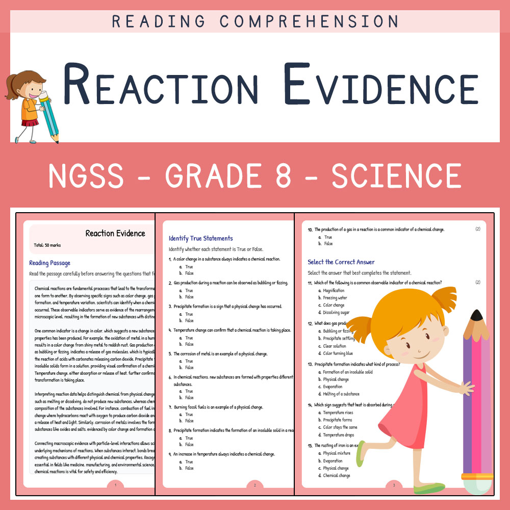 Grade 8 Science worksheet worksheet — Grade 8 Science | Reaction Evidence Worksheet & Answer Key | NGSS-Aligned — page 1