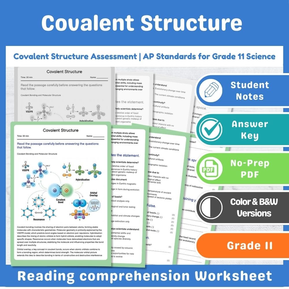 Grade 11 Science assessment worksheet — Covalent Structure Assessment | AP Standards for Grade 11 Science — page 1
