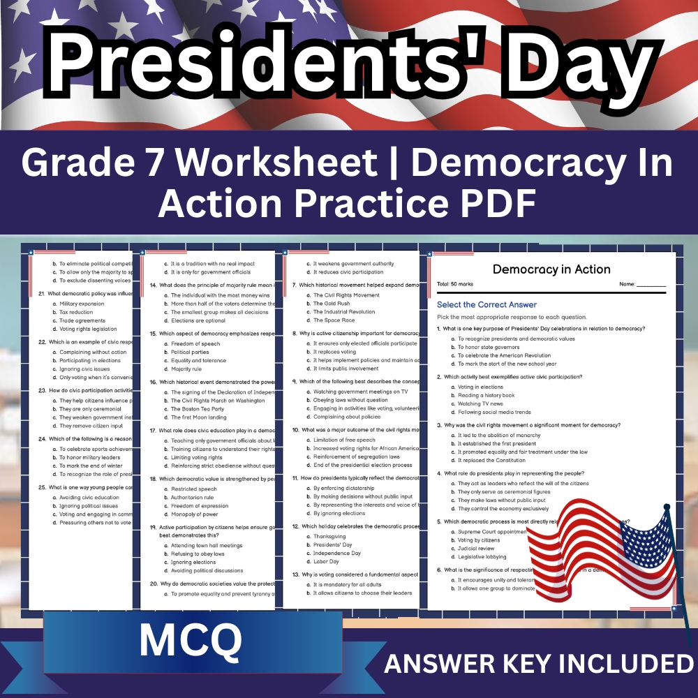 Grade 7 Seasonal Worksheet | Democracy in Action Multiple Choice Assessment PDF