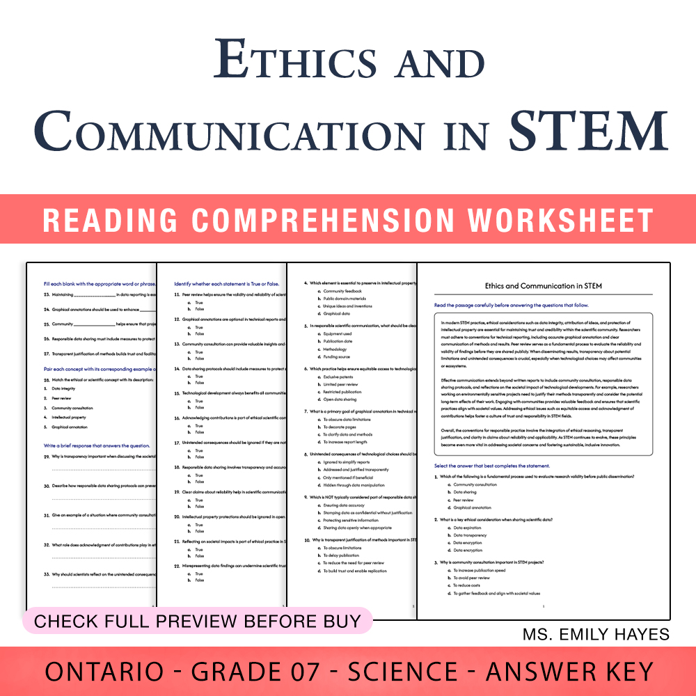 Grade 7 Science worksheet worksheet — 7th Grade Science | Ethics and Communication in STEM Worksheet (PDF+ Answer Key) — p…