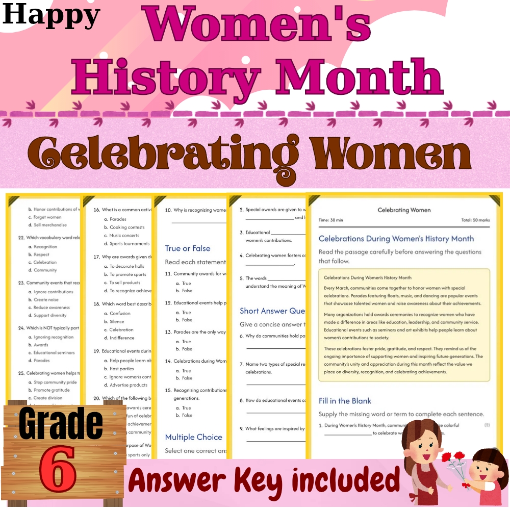 Grade 6 Seasonal  | Celebrating Women Worksheet for Mastery | PDF + Answer Key