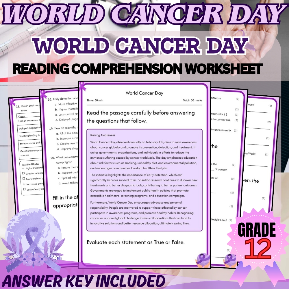 Grade 12 Holiday | World Cancer Day Worksheet for Mastery | PDF + Answer Key