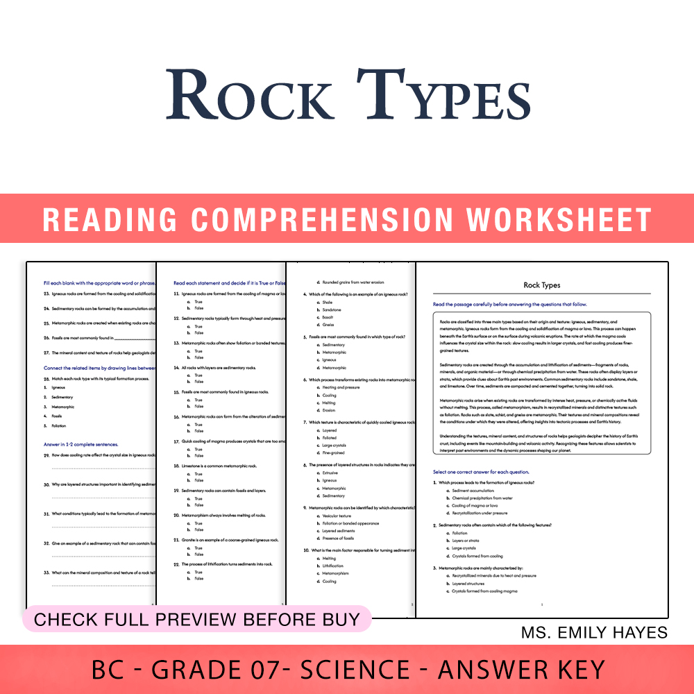Grade 7 Science worksheet worksheet — 7th Grade Science | Rock Types Worksheet (PDF+ Answer Key) — page 1