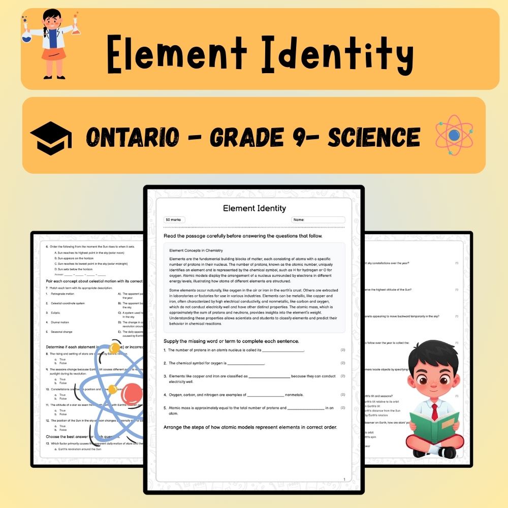 Grade 9 Science worksheet worksheet — Grade 9 Science | Element Identity Worksheet (Answer Key) – Ontario Standard — page 1
