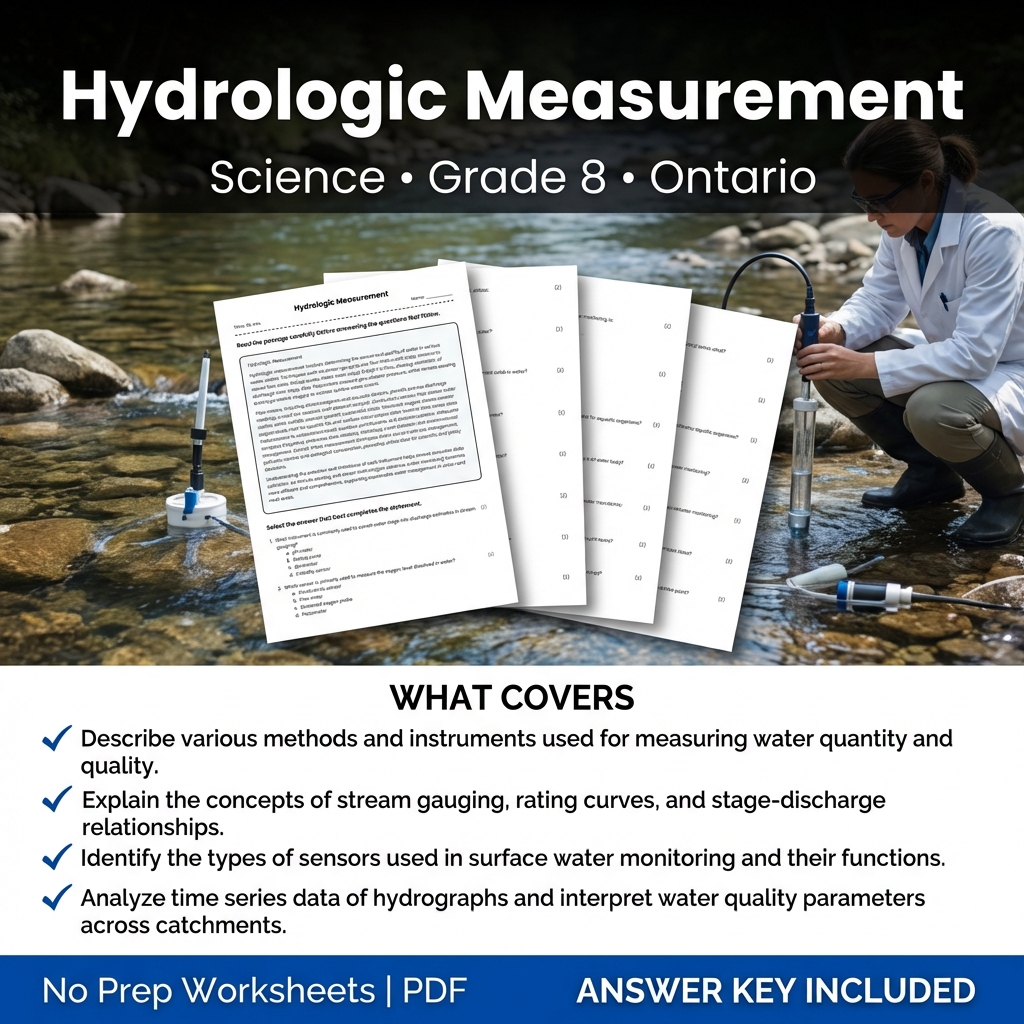 Grade 8 Science worksheet — Hydrologic Measurement Worksheet for Grade 8 Science | Ontario Standards