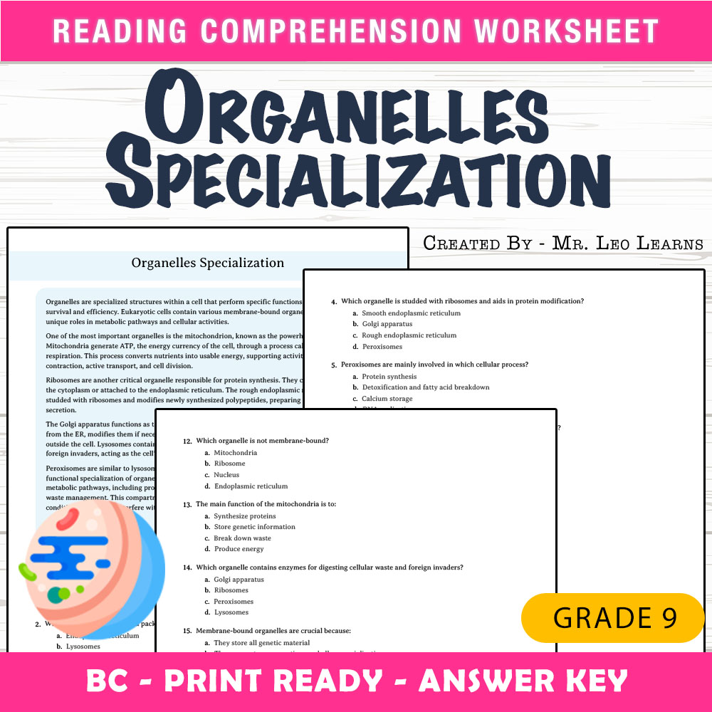 Grade 9 Science worksheet mcq paper worksheet — Grade 9 Science — Organelles Specialization Worksheet for Mastery — page 1
