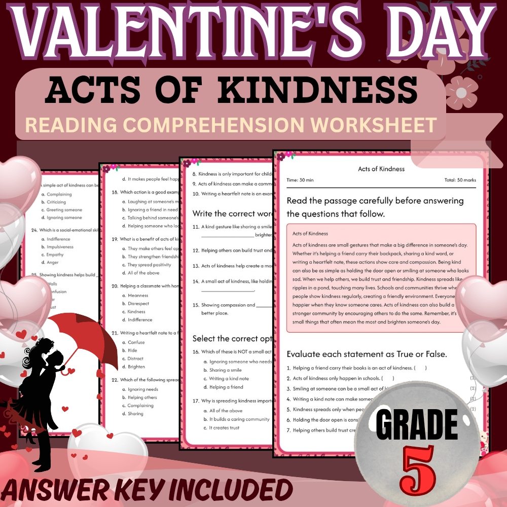 Grade 5 Holiday valentine day worksheet — Grade 5 Holiday Valentine Day | Acts of Kindness Worksheet | PDF + Answer Key —…