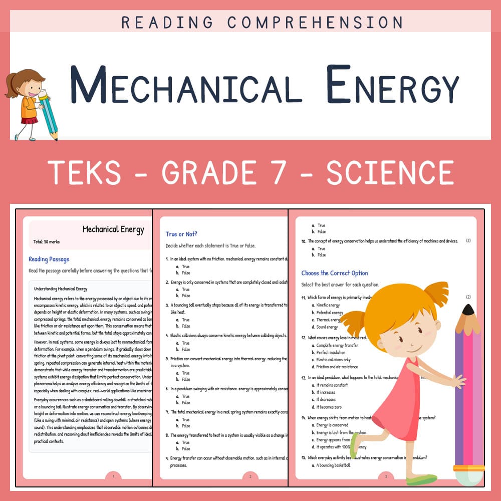 Grade 7 Science worksheet elena worksheet — Grade 7 Science | Mechanical Energy Worksheet Elena | TEKS Alligned — page 1