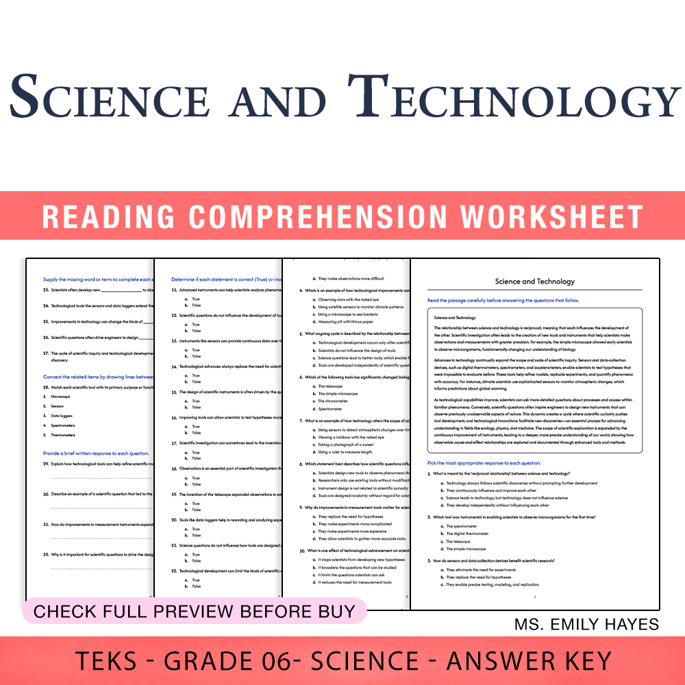 Grade 6 Science worksheet worksheet — 6th Grade Science | Technology and Innovation Worksheet (PDF+ Answer Key) — page 1