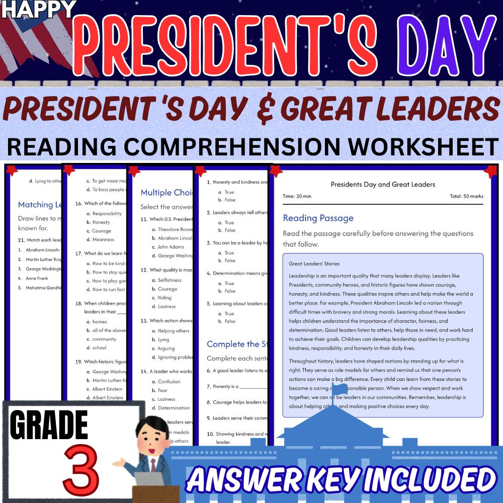 Grade 3 Seasonal Presidents Day Worksheet Bundle | Social Studies & Leadership — included worksheet 4