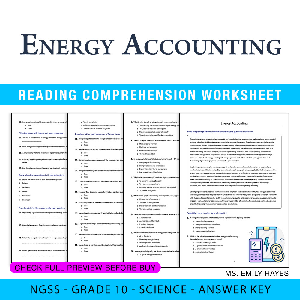 Grade 10 Science worksheet worksheet — 10th Grade Science | Energy Accounting Worksheet (PDF + Answer Key) — page 1