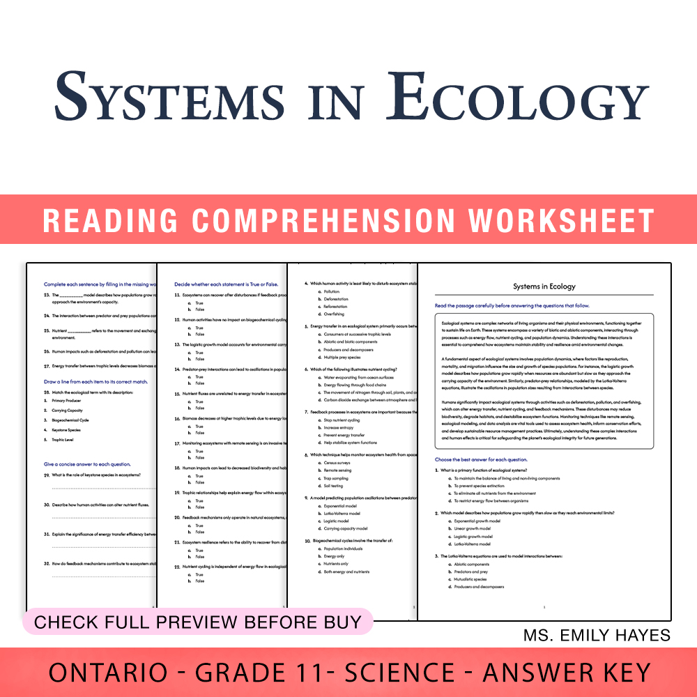 Grade 11 Science worksheet worksheet — 11th Grade Science | Ecology Systems Worksheet (PDF + Answer Key) — page 1