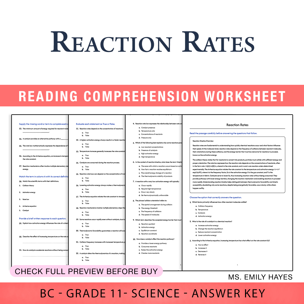 Grade 11 Science worksheet worksheet — Grade 11 Science | Reaction Rates Worksheet (PDF + Answer Key) — page 1