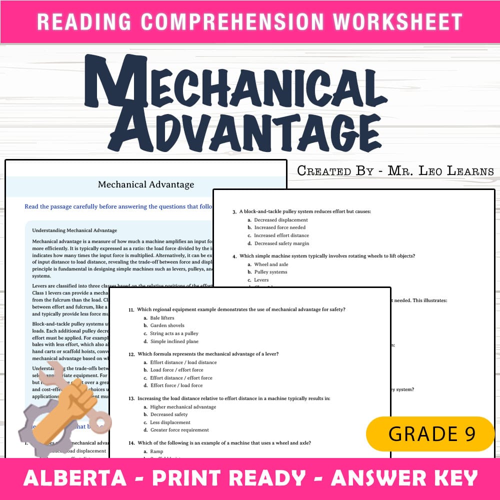Grade 9 Science worksheet mcq paper worksheet — Grade 9 Science — Mechanical Advantage Worksheet for Practice — page 1