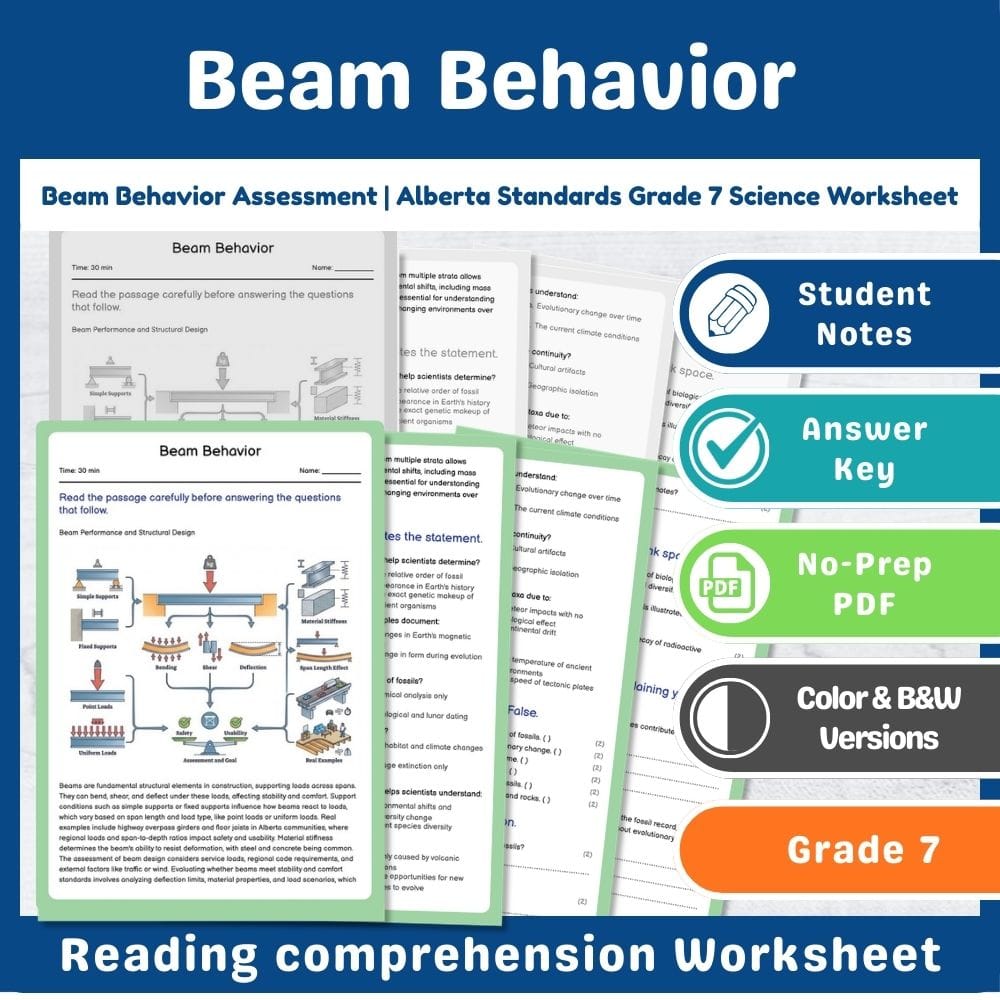 Grade 7 Science assessment worksheet — Beam Behavior Assessment | Alberta Standards Grade 7 Science Worksheet — page 1