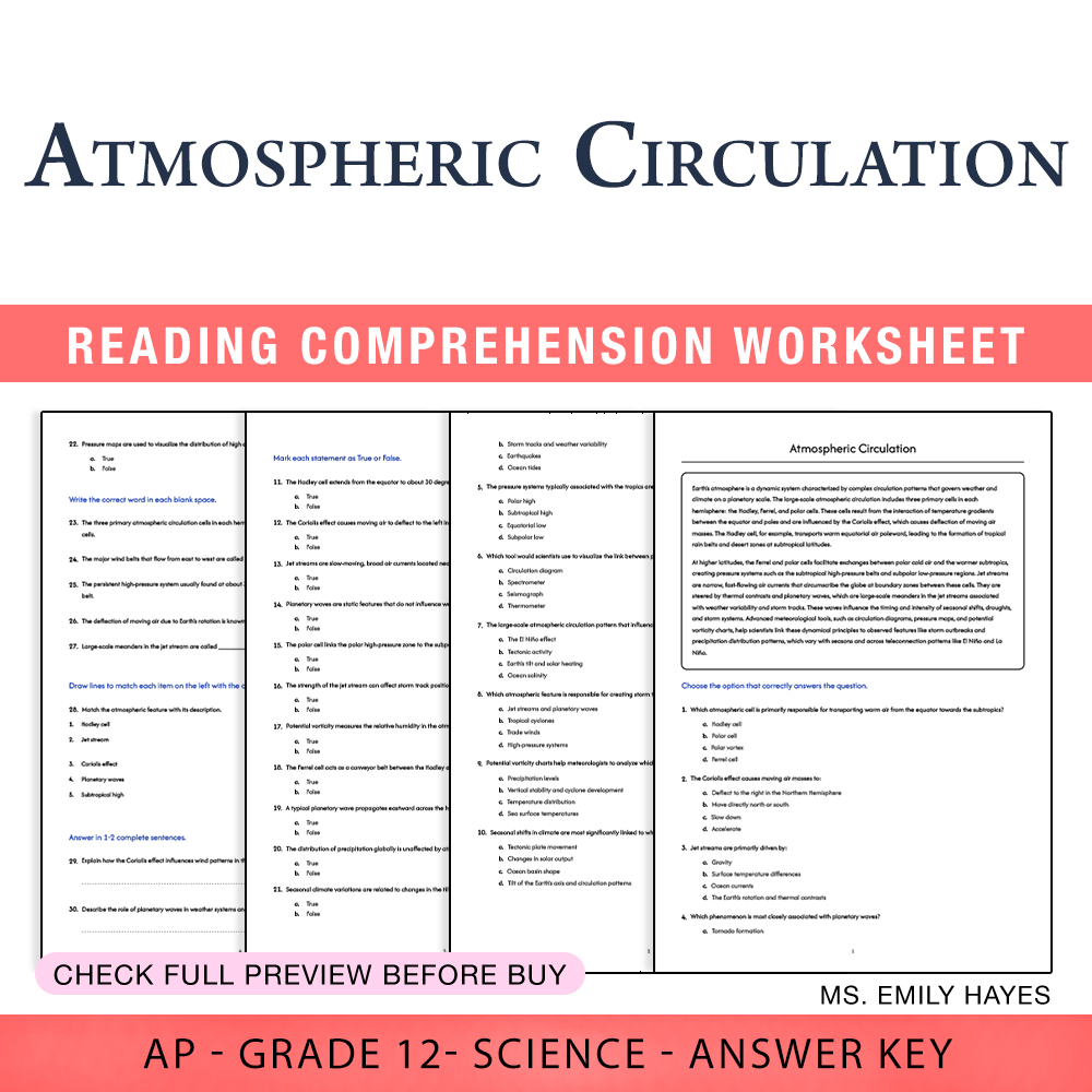 Grade 12 Science worksheet assessment worksheet — 12th Grade Science | Atmospheric Circulation Worksheet (PDF+ Answer Key)…