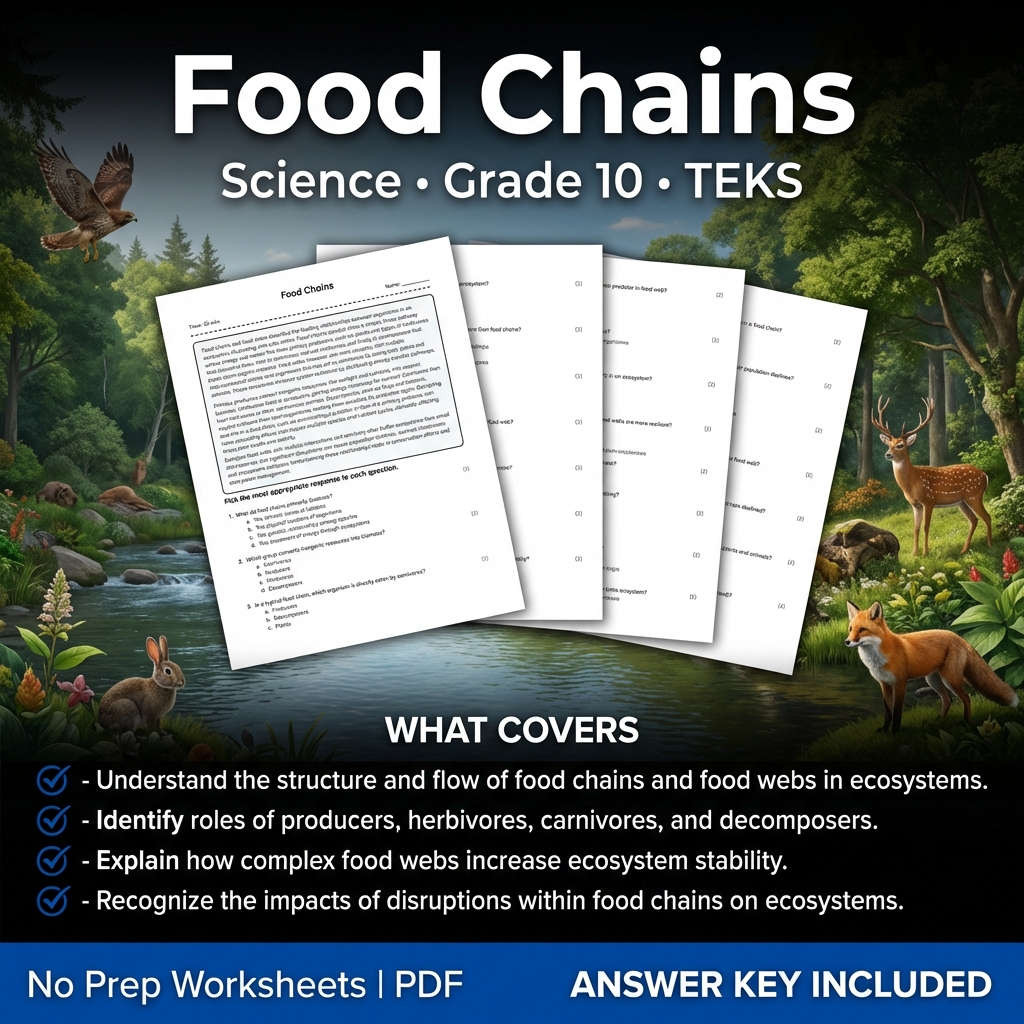 Food Chains Science Worksheet for Grade 10 | TEKS | Printable PDF