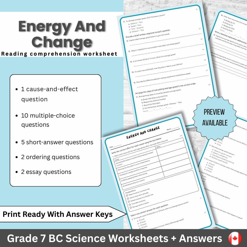 Grade 7 Science | Energy and Change Worksheet (Answer Key) – BC Standards
