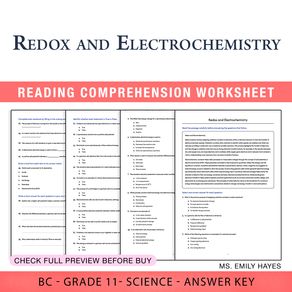 Grade 11 Science worksheet worksheet — 11th Grade Science | Redox and Electrochemistry Worksheet (PDF + Answer Key) — page 1