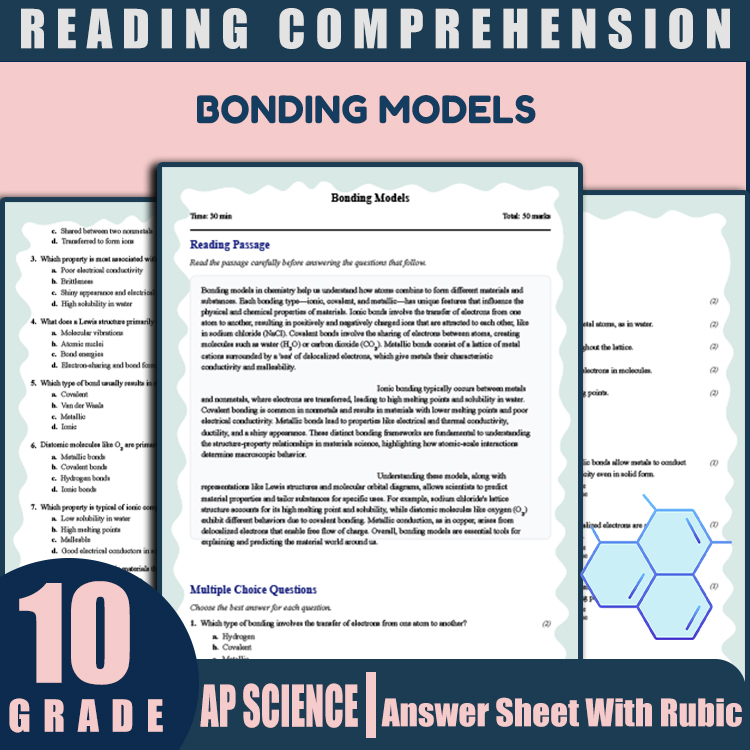 Grade 10 Science reading worksheets worksheet — 10th Grade Science | Bonding Models Reading Worksheet & Answer Key (PDF) —…
