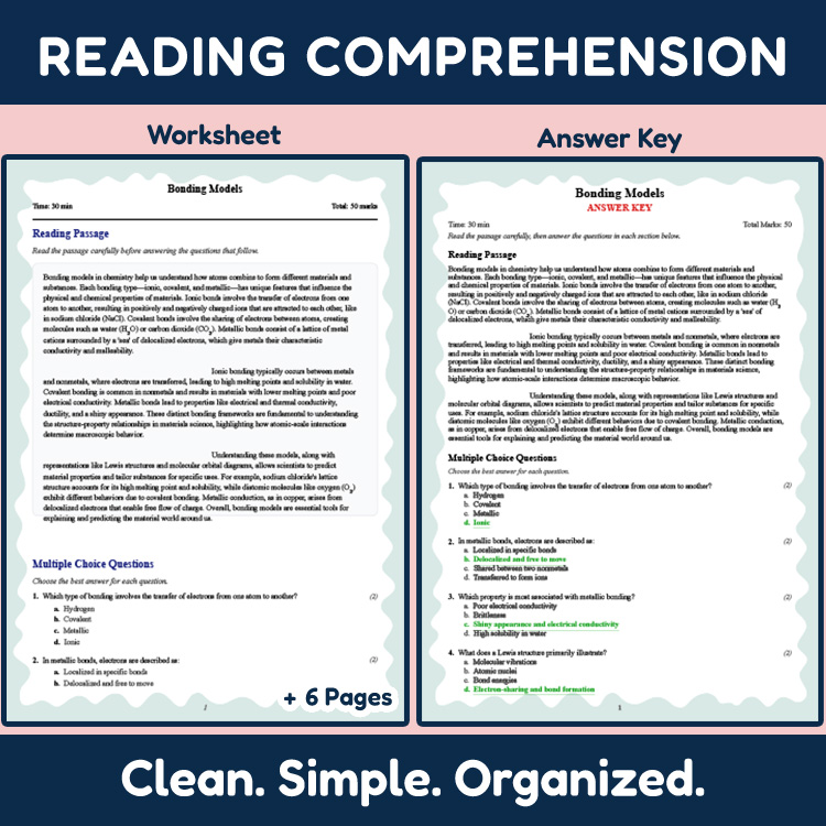 Grade 10 Science reading worksheets worksheet — 10th Grade Science | Bonding Models Reading Worksheet & Answer Key (PDF) —…