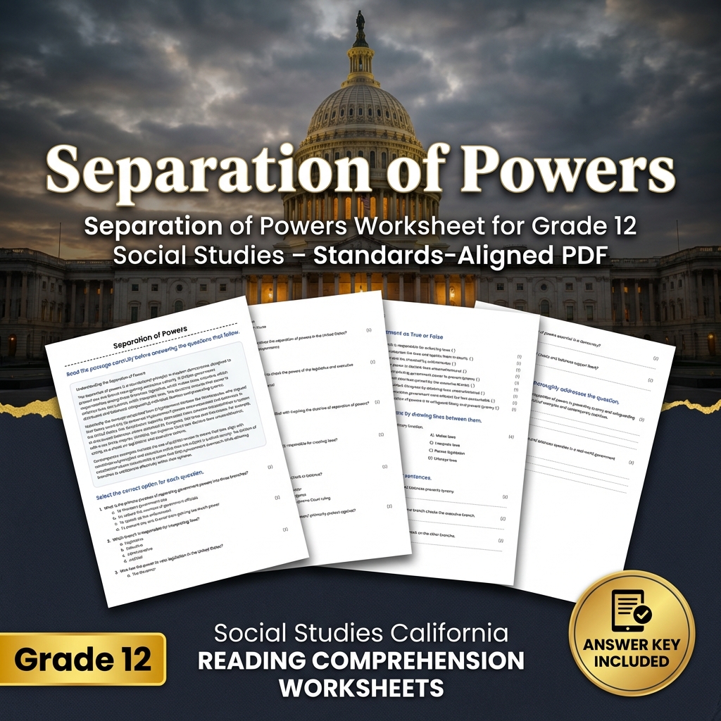 Separation of Powers Worksheet for Grade 12 Social Studies