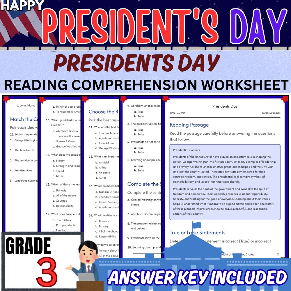 Grade 3 Seasonal Presidents Day Worksheet Bundle | Social Studies & Leadership — included worksheet 5