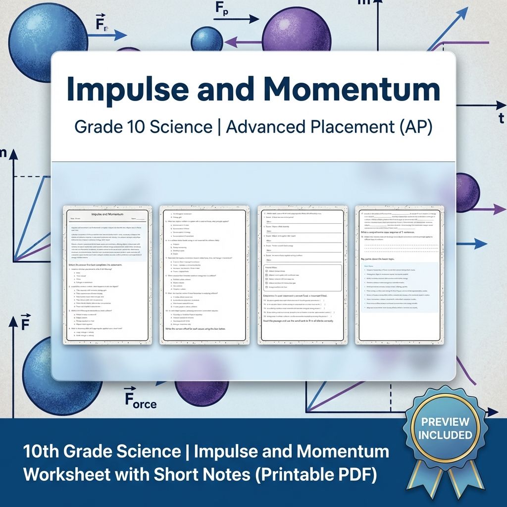 10th Grade Science | Impulse and Momentum Worksheet with Short Notes (PDF)