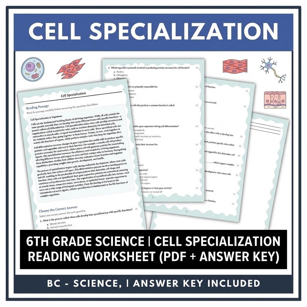 6th Grade Science | Cell Specialization Reading Worksheet (PDF + Answer Key)