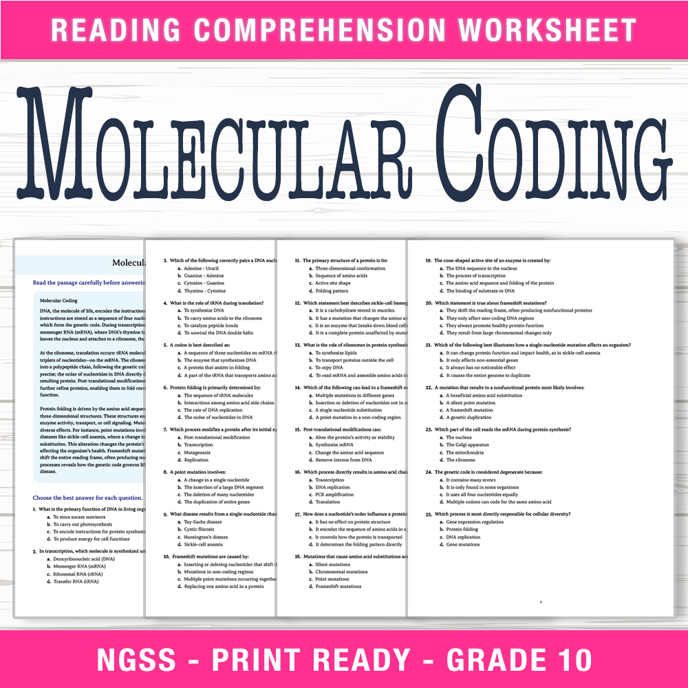 Grade 10 Science worksheet worksheet — Grade 10 Science | Molecular Coding Worksheet (PDF + Answer Key) — page 1