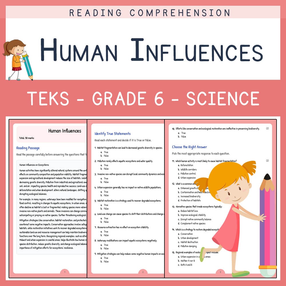 Grade 6 Science worksheet elena worksheet — Grade 6 Science | Human Influences Worksheet | TEKS Alligned — page 1
