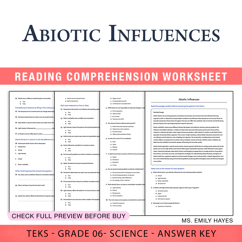 Grade 6 Science worksheet worksheet — 6th Grade Science | Abiotic Influences Worksheet (PDF+ Answer Key) — page 1