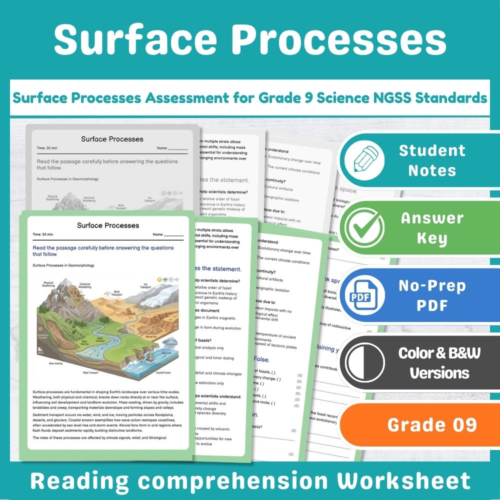 Surface Processes Assessment for Grade 9 Science NGSS Standards