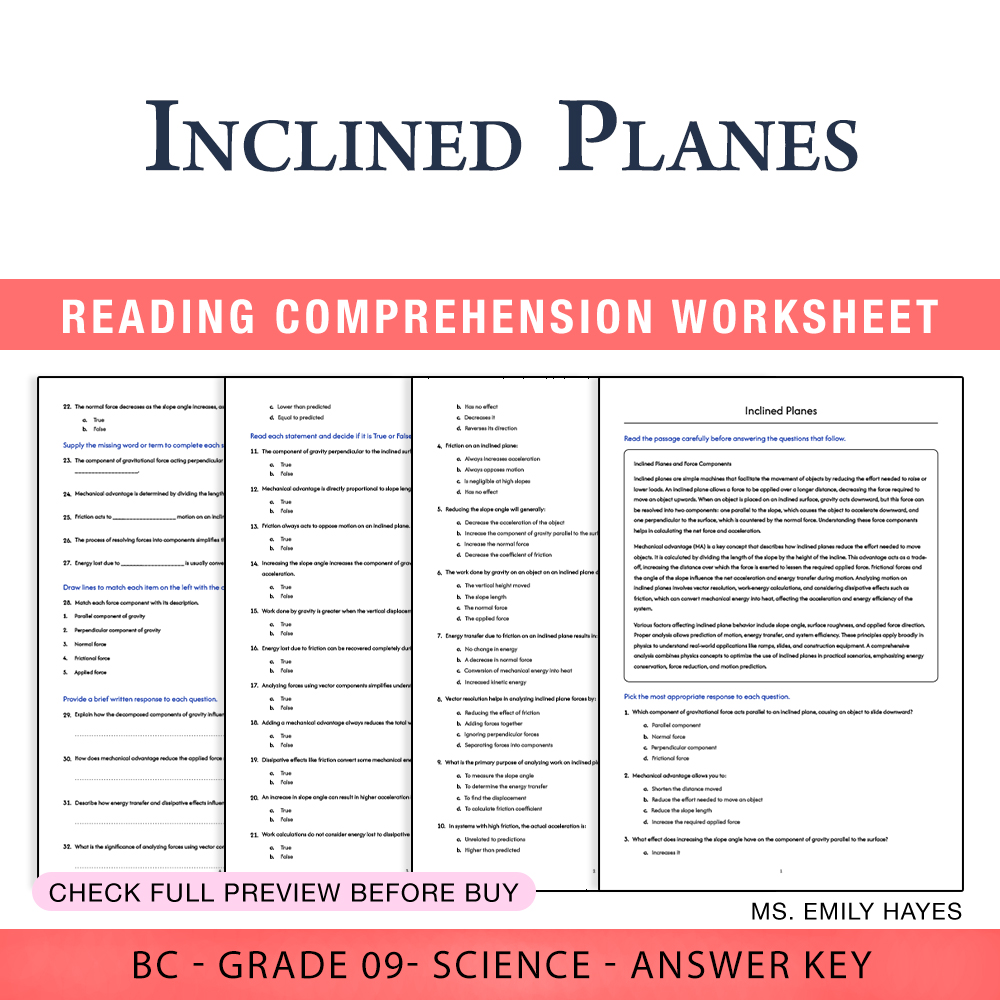 Grade 9 Science worksheet worksheet — 9th Grade Science | Inclined Planes Worksheet (PDF+ Answer Key) — page 1