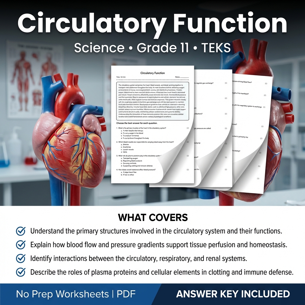 Circulatory Function Worksheet - Science - TEKS Grade 11