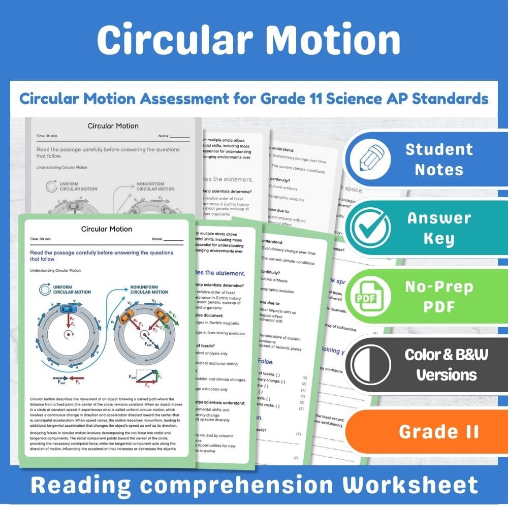 Grade 11 Science assessment worksheet — Circular Motion Assessment for Grade 11 Science AP Standards — page 1