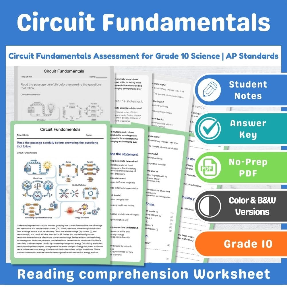 Grade 10 Science assessment worksheet — Circuit Fundamentals Assessment for Grade 10 Science | AP Standards — page 1