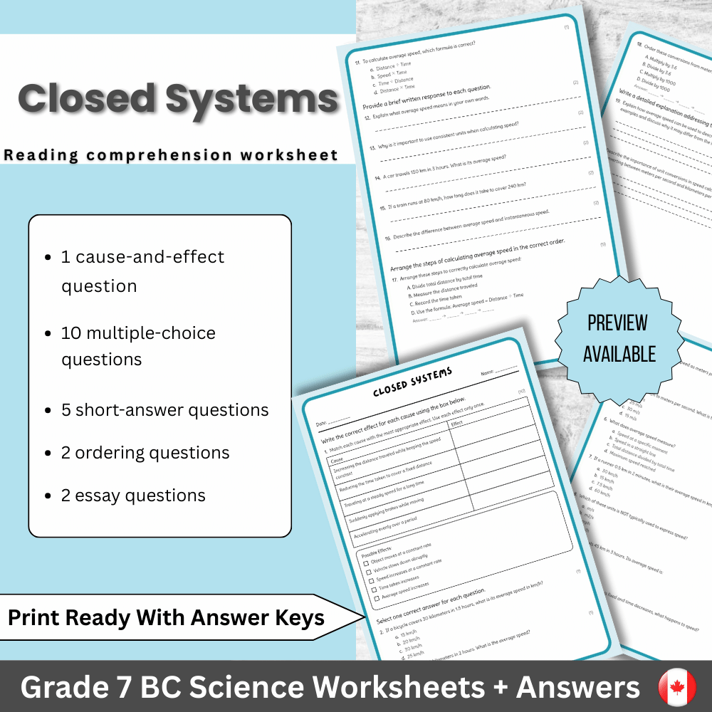 Grade 7 Science – Closed Systems Worksheet (Answer Key) | BC Standards