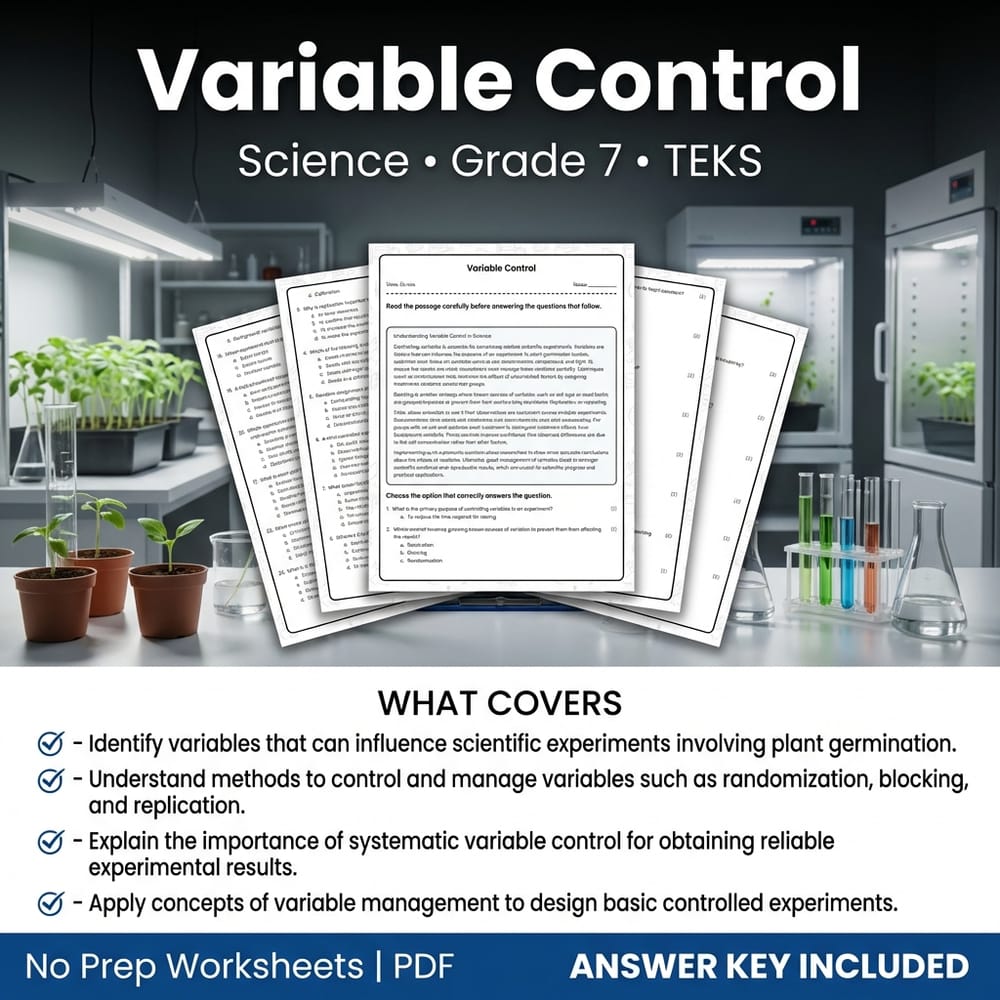 Variable Control Science Worksheet for Grade 7 | TEKS Aligned