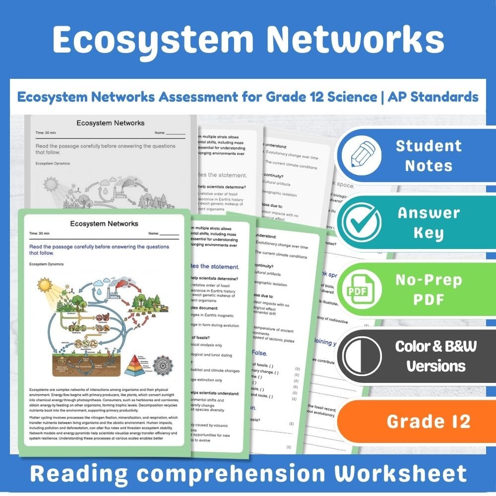 Grade 12 Science assessment worksheet — Ecosystem Networks Assessment for Grade 12 Science | AP Standards — page 1
