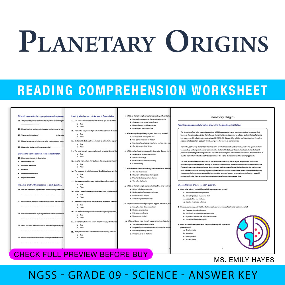 Grade 9 Science worksheet — Grade 9 Science | Planetary Origins Worksheet (PDF+ Answer Key) — page 1
