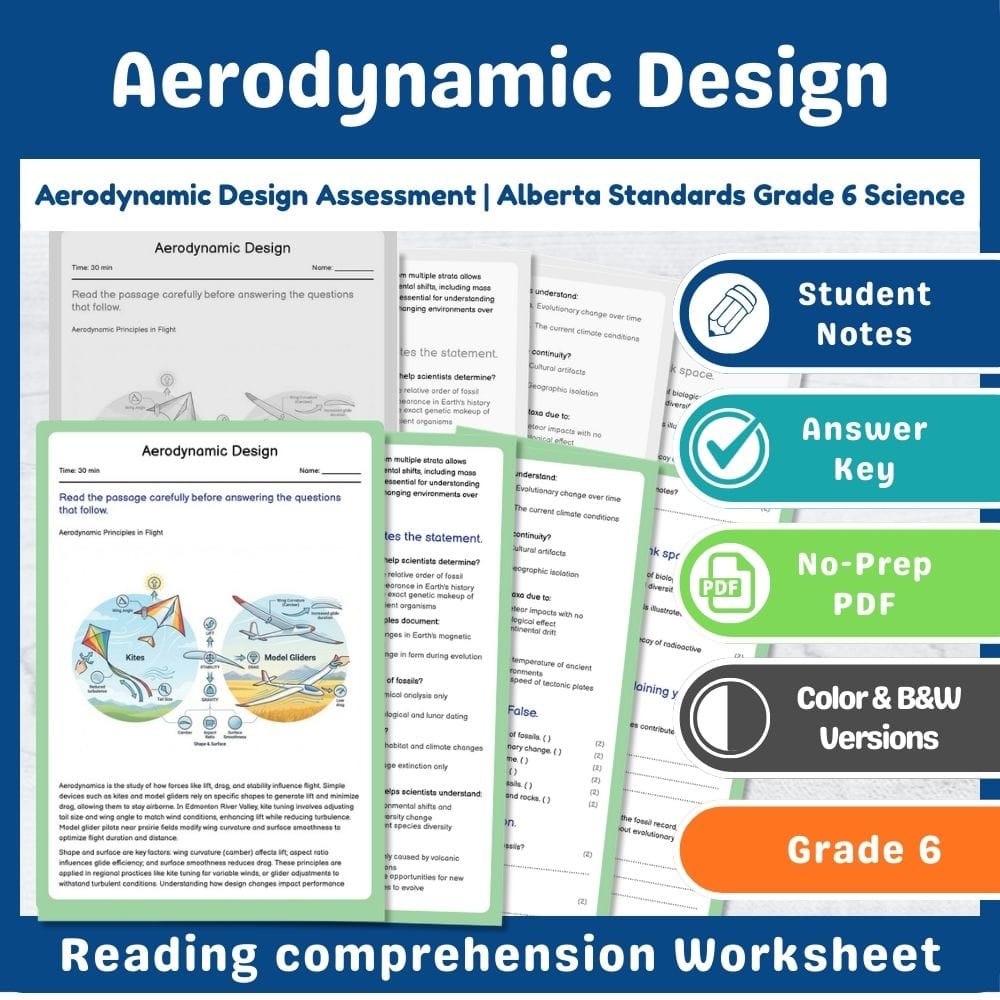 Grade 6 Science assessment worksheet — Aerodynamic Design Assessment | Alberta Grade 6 Science Standards — page 1